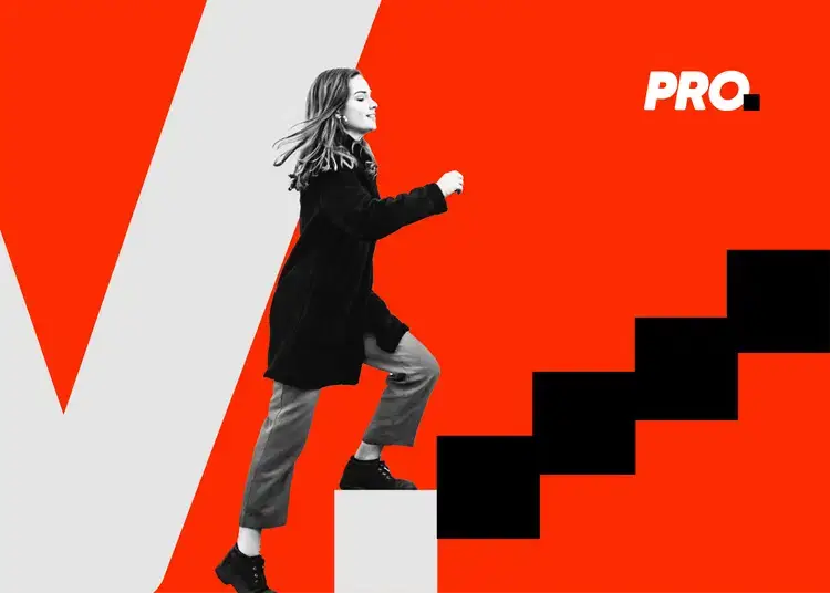 A woman in black clothing climbs abstract stairs against a bold red, white, and black geometric background, symbolizing sales optimization and ambition, with the word PRO. in the top right corner.