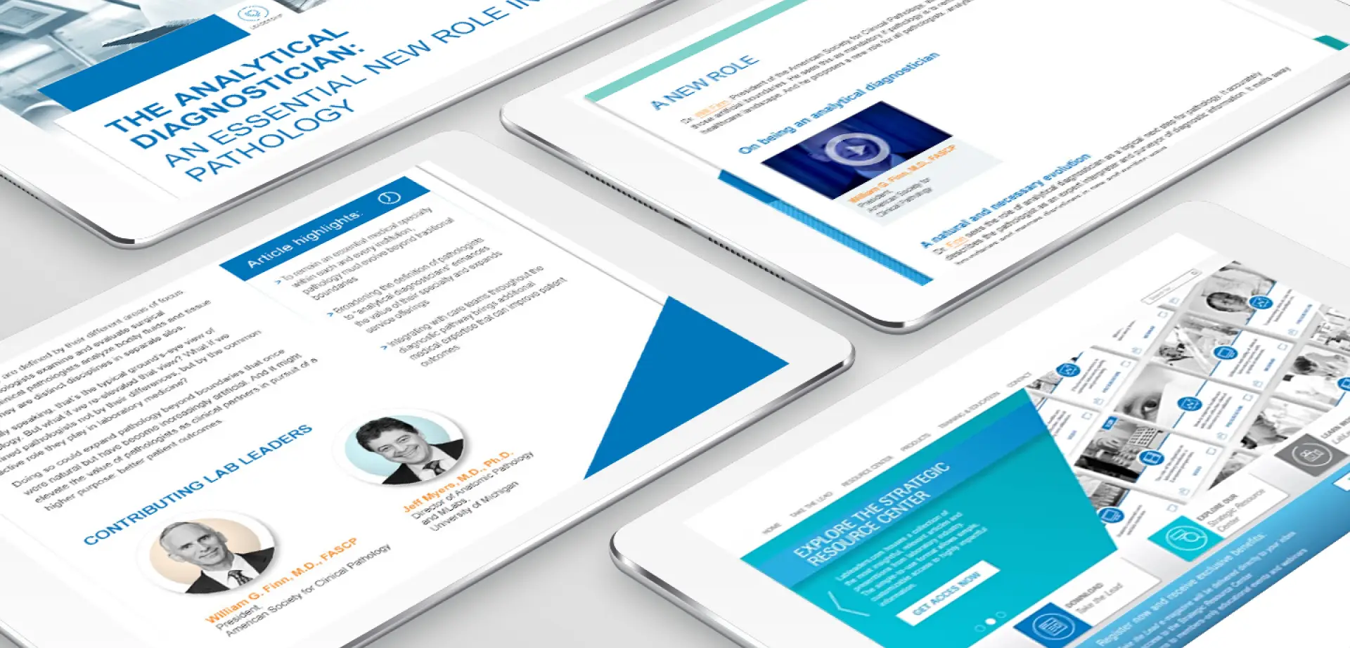 Four tablet screens display a digital publication on analytical diagnostics and pathology, featuring text, graphs, headshots, and articles about market shaping and brand strategy in a clean, modern layout.