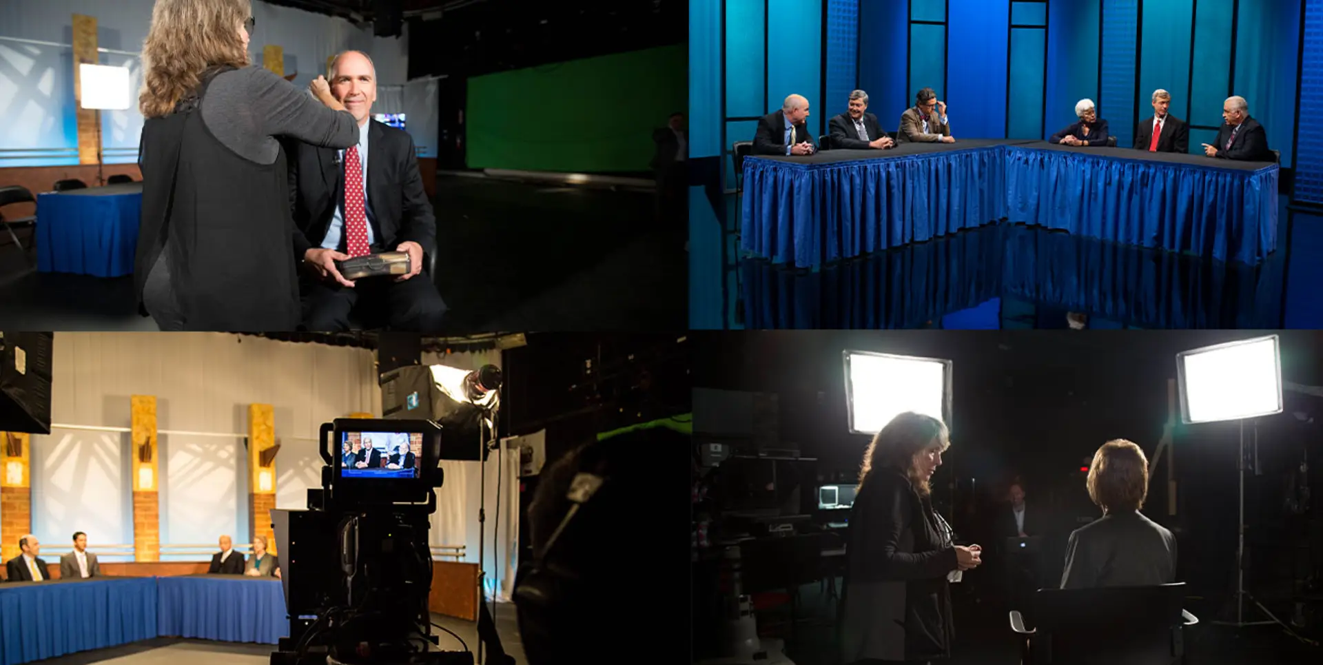 A collage of four images shows a TV studio: a person adjusting a guest’s makeup, a panel discussion at a blue-draped table, a camera filming a debate, and people preparing under bright studio lights—capturing the energy of pharma marketing.