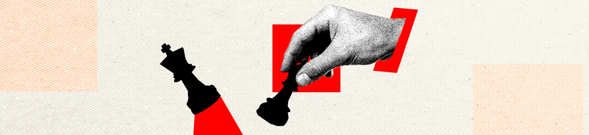 A stylized collage illustrates a hand holding a chess piece toward a toppled black king, with red geometric shapes in the background—symbolizing decisive moves in healthcare branding strategies.