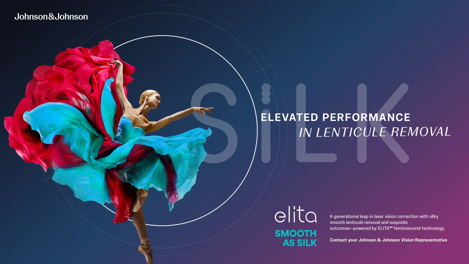 A ballerina in a vibrant red and blue flowing dress leaps gracefully against a dark background. Large text reads SILK, with the message Elevated Performance in Lenticule Removal—an inspiring vision in medtech marketing. Johnson & Johnson and elita logos are present.