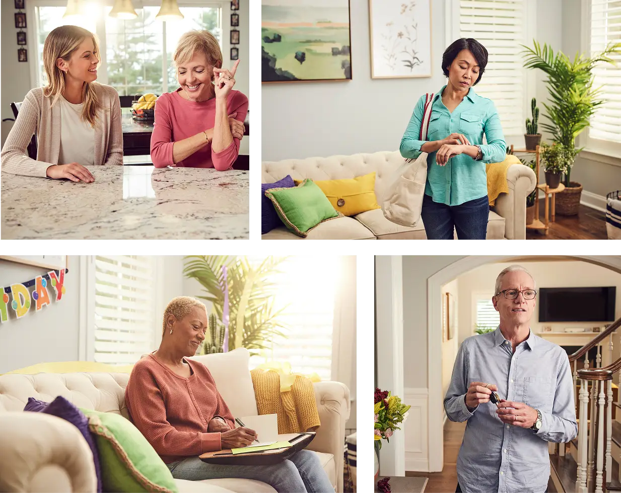 A collage shows four adults in a home: two women chat at a kitchen counter, a woman with a purse checks her watch, a woman writes in a notebook on a couch, and a man stands holding eyeglasses—perfect for illustrating consumer health marketing.