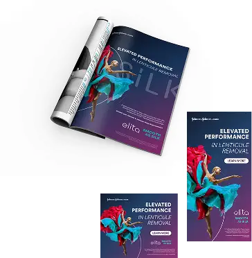 An open magazine and two flyers display an ad featuring a ballerina in a colorful dress, with the text Elevated Performance in Lenticule Removal and branding from Johnson & Johnson Vision, showcasing strong medtech marketing.