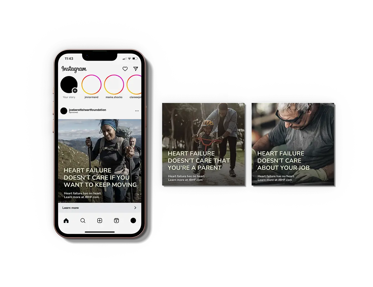A smartphone displays an Instagram post from the Joe Beretta Heart Foundation showing an older person hiking, with the text “Heart failure doesn’t care if you want to keep moving.” Nearby images highlight their heart failure awareness campaign.