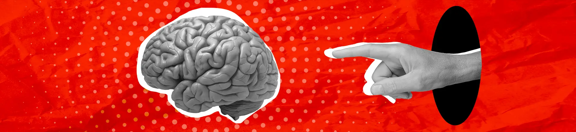 A grayscale human brain and a hand pointing at it emerge from a black oval on a red, dotted background with a crumpled paper texture, symbolizing innovative healthcare branding strategies.