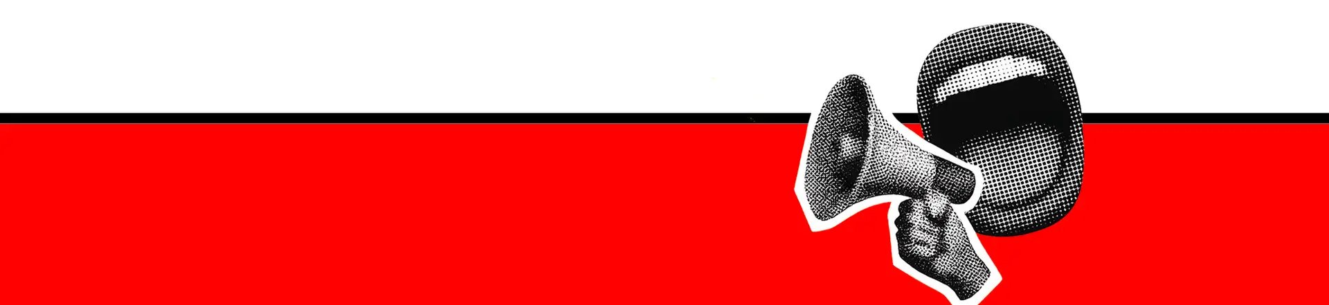 A megaphone and an open mouth illustrated in black and white appear on a split red and white background with a black dividing line, symbolizing communication—ideal for conveying bold healthcare branding strategies.