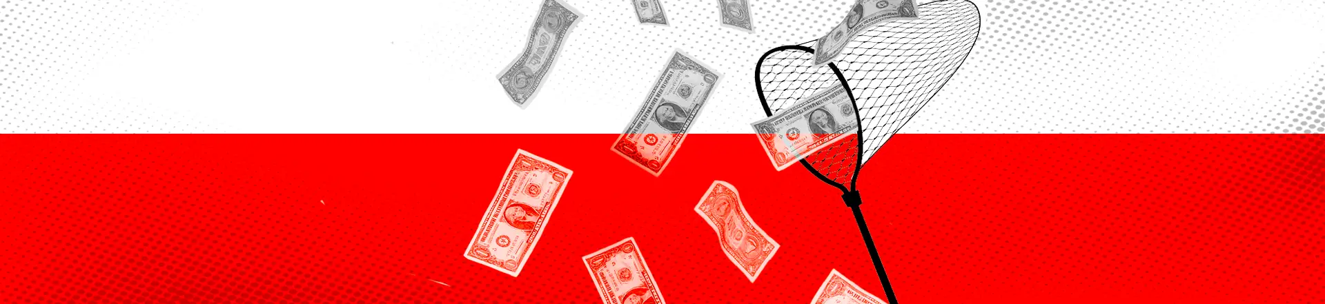 A net tries to catch falling US dollar bills against a background split horizontally, with white on top and red on the bottom—symbolizing the challenges of effective healthcare brand strategy.