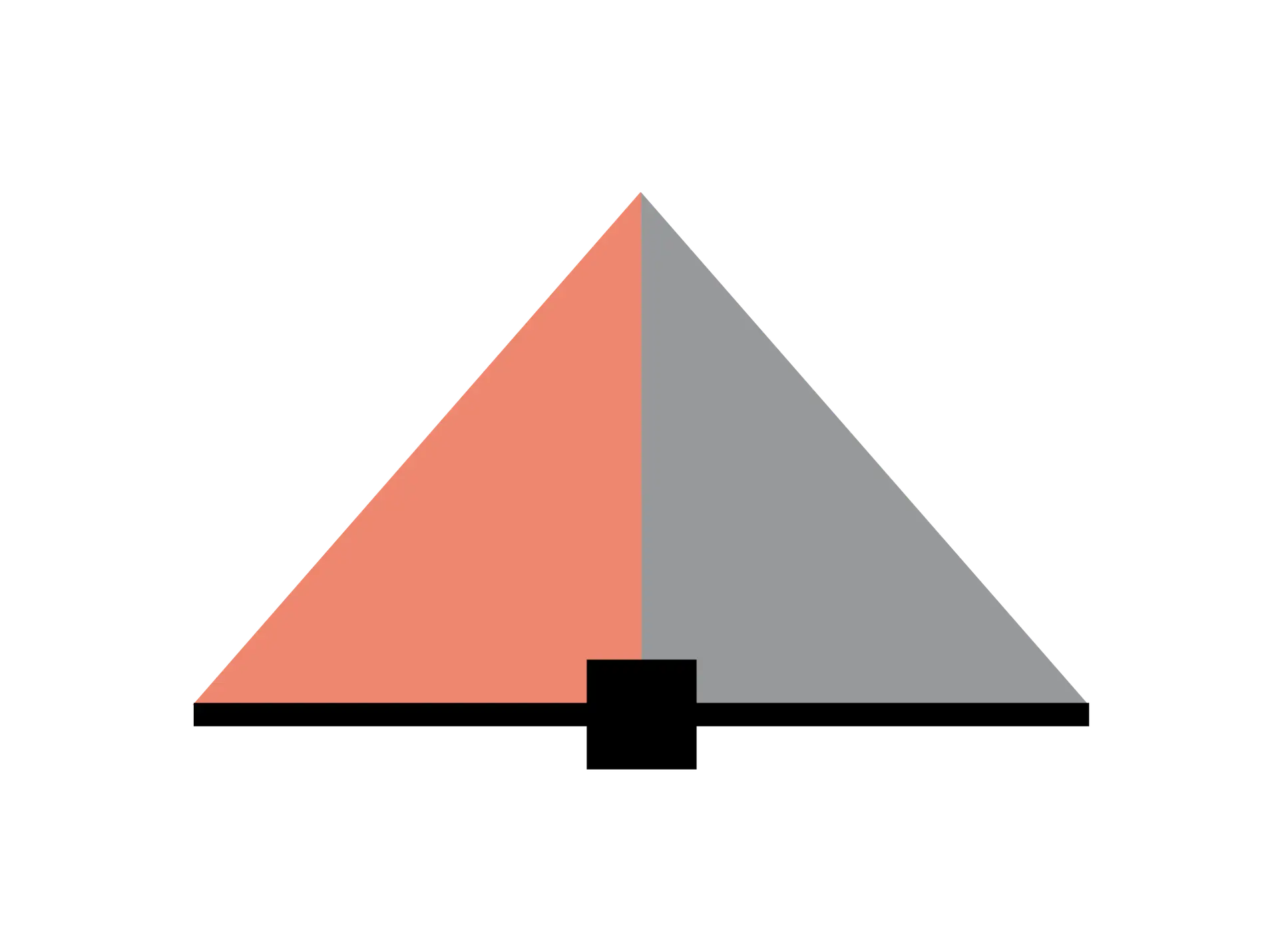 A triangle divided vertically into two equal halves: the left half is orange, the right half is gray. At the bottom center, there is a small rectangular notch—a bold symbol often used in healthcare marketing and brand strategy.