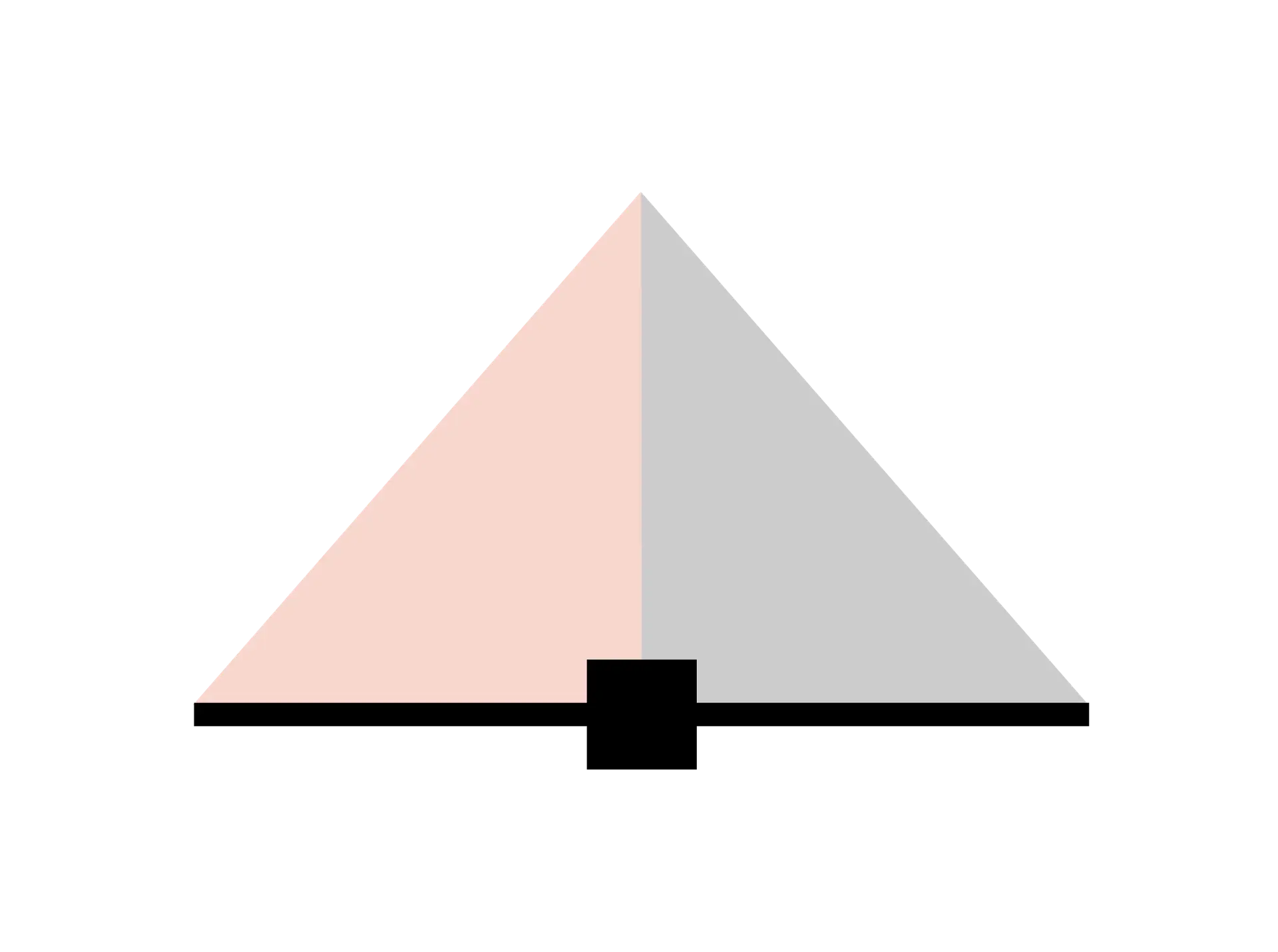 A minimalist triangle, perfect for medtech marketing, is divided vertically: light pink left, light gray right, with a small black rectangular notch at its base. The background is sleek black.