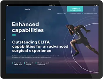 A tablet displays a website titled Enhanced capabilities, featuring a running athlete. The site showcases features for an advanced surgical experience—ideal for medtech marketing—including improved LASIK flaps and enhanced control.