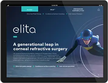 A tablet screen displays a webpage for elita corneal refractive surgery, featuring a speed skater in blue on the right and text about advanced eye surgery technology and medtech marketing on the left.