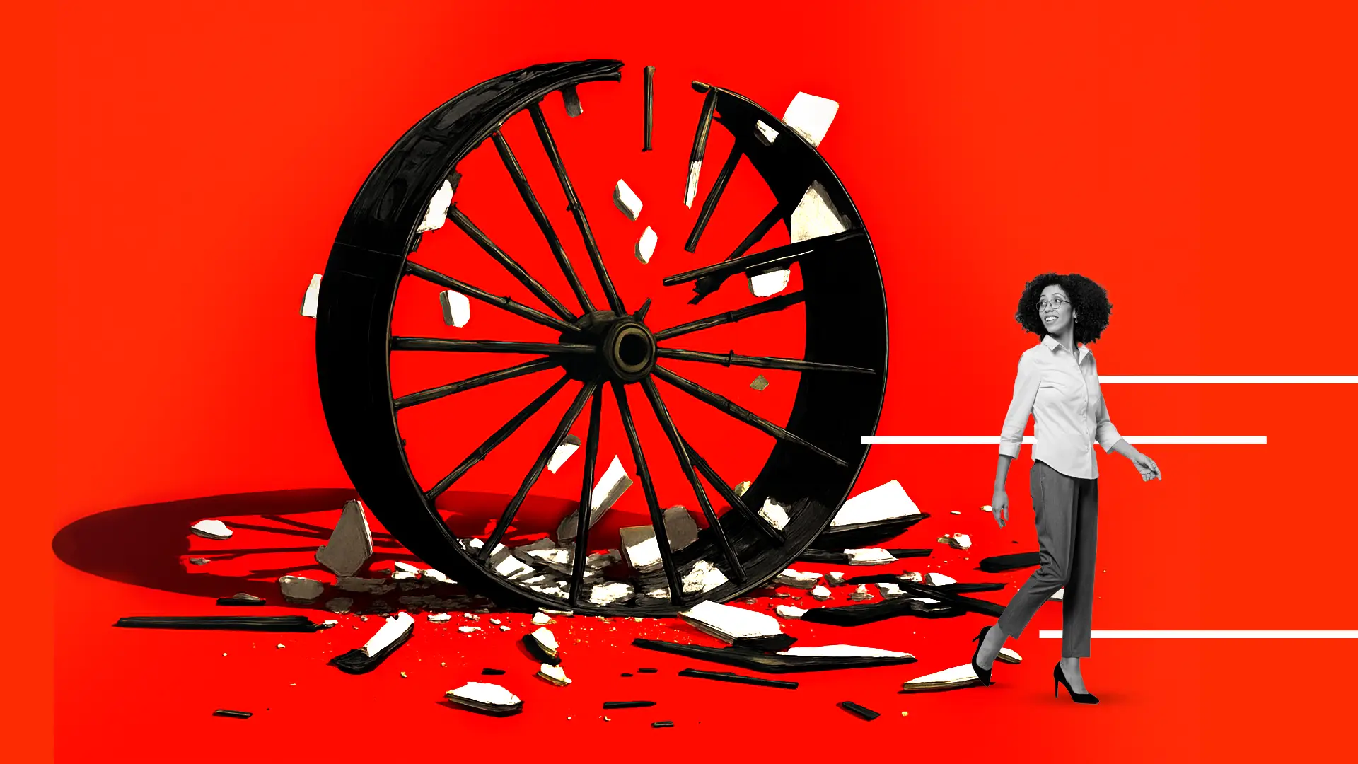 A woman walks confidently past a large, shattered black wagon wheel with pieces flying, set against a bold red background—symbolizing the dynamic energy of a MedTech product pre-launch.