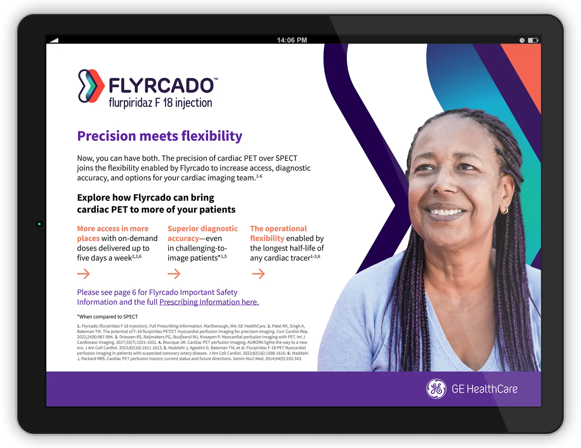 A promotional tablet screen shows a smiling woman with long braids on the right and information about FLYRCADO, a cardiac PET radiotracer launch for scans, with features and benefits listed on the left. The GE HealthCare logo appears at the bottom.