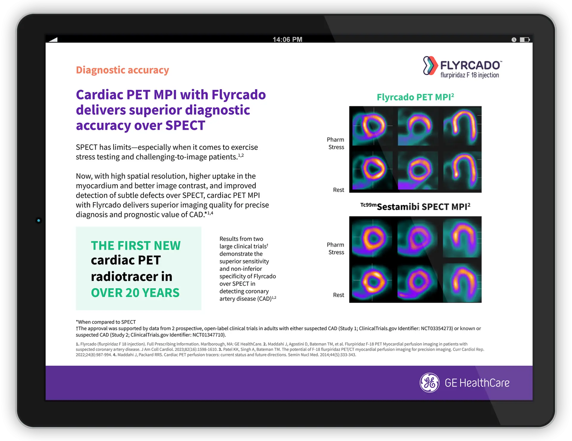 A tablet screen displays a medical flyer comparing cardiac PET MPI with SPECT imaging. The flyer features colorful heart scan images, text highlighting the benefits of cardiac PET, and GE Healthcare and Flyrcado branding.