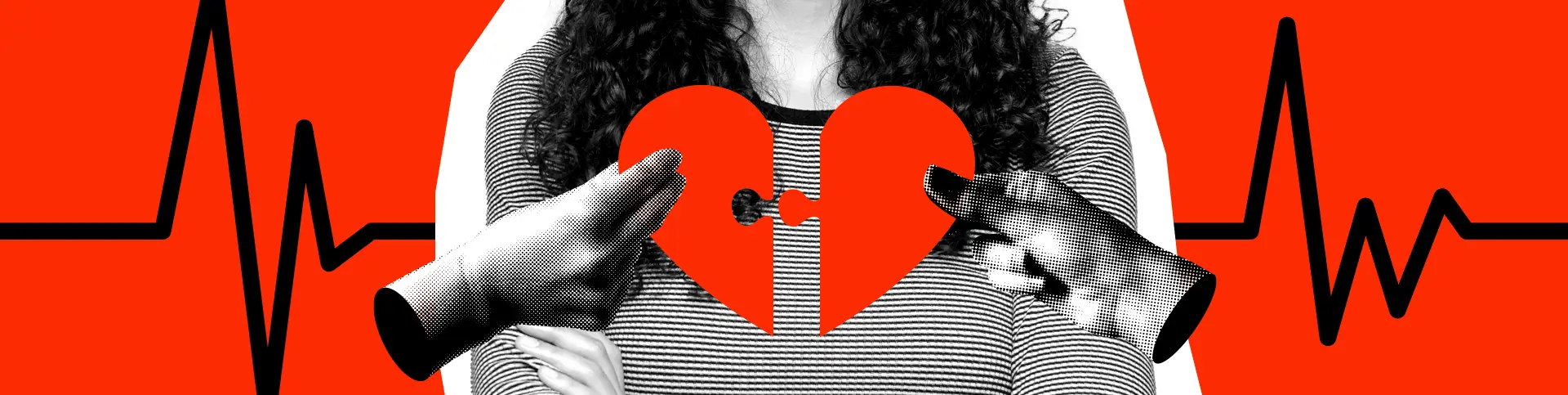 A person holding a red broken heart puzzle piece, with two hands reaching toward it, set against a red background with black heartbeat lines—symbolizing the impact of cardiovascular disease in women.