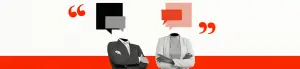 Two headless figures in business attire stand with arms crossed. Their heads are replaced by speech bubbles, symbolizing heart disease patient advocacy and healthcare self advocacy women, set against a vibrant red and white background.