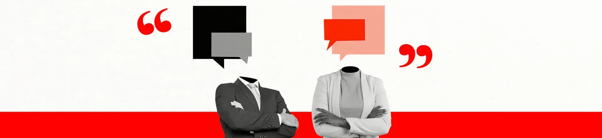 Two headless figures in business attire stand with arms crossed. Their heads are replaced by speech bubbles, symbolizing heart disease patient advocacy and healthcare self advocacy women, set against a vibrant red and white background.