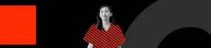 A woman stands confidently against a black background with modern geometric shapes, including a solid red square and a large dark gray arc—evoking the bold creativity of healthcare marketing and brand strategy. Red diagonal stripes overlay her clothing, adding a graphic design element.