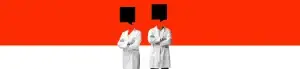 Two people in lab coats stand side by side with their arms crossed, their heads replaced by black speech bubbles—symbolizing the vital role of pharma marketing. The background is split horizontally: red on top and white on the bottom.
