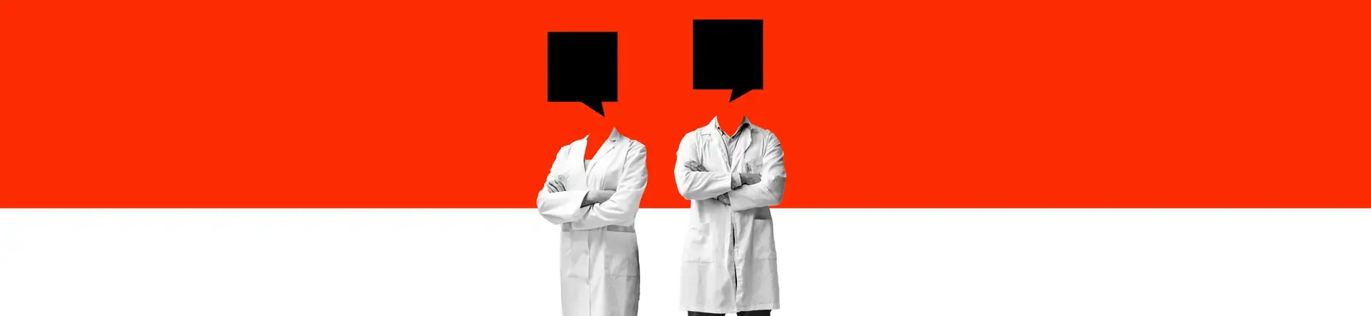 Two people in lab coats stand side by side with their arms crossed, their heads replaced by black speech bubbles—symbolizing the vital role of pharma marketing. The background is split horizontally: red on top and white on the bottom.