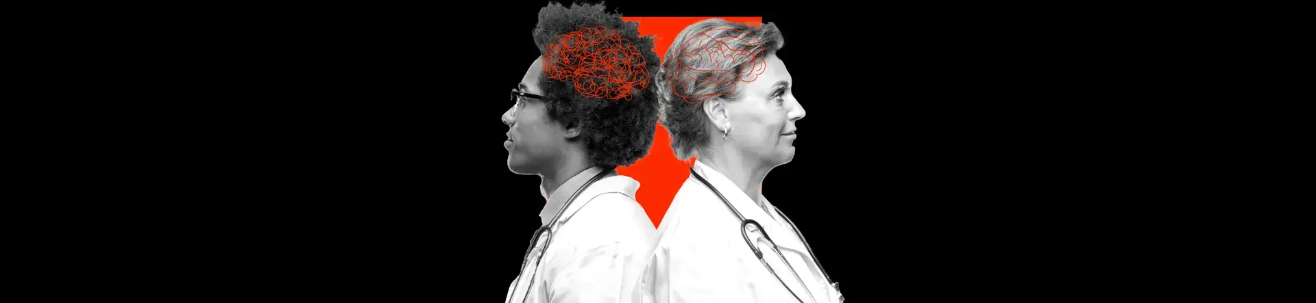 Two doctors stand back-to-back in black and white; one’s brain area is tangled with red, the other’s is clear. Ideal for medtech marketing or healthcare marketing visuals, an orange shape glows behind them on a stark black background.