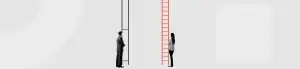 A man in a suit stands at the base of a ladder with closely spaced rungs, while a woman stands at one with widely spaced rungs, highlighting differences in accessibility or opportunity often seen in healthcare marketing.