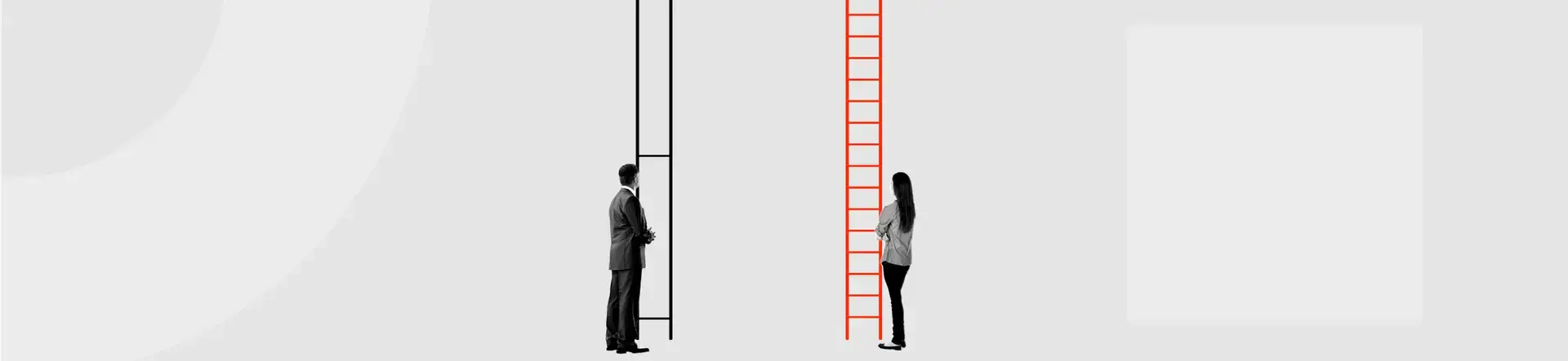 A man in a suit stands at the base of a ladder with closely spaced rungs, while a woman stands at one with widely spaced rungs, highlighting differences in accessibility or opportunity often seen in healthcare marketing.