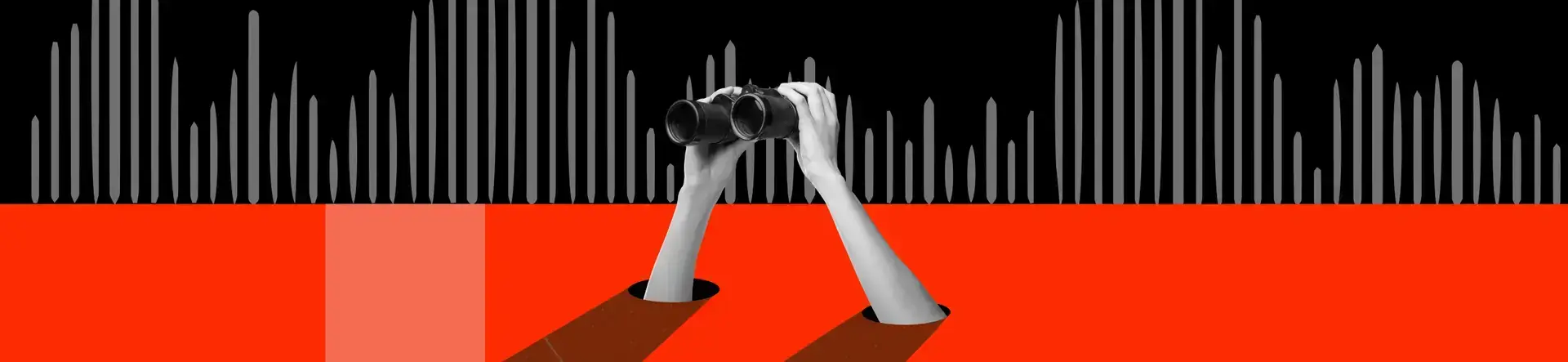Two hands emerge from holes in a red surface, holding binoculars. In the background, vertical bars of varying heights form a grayscale pattern—a striking visual for themes like market shaping or sales optimization in healthcare marketing.