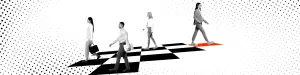 Four people walk in a line across a black-and-white checkered path against a dotted background, evoking the strategy of competitor wargaming. The path’s last squares are highlighted in red as the final person steps forward.