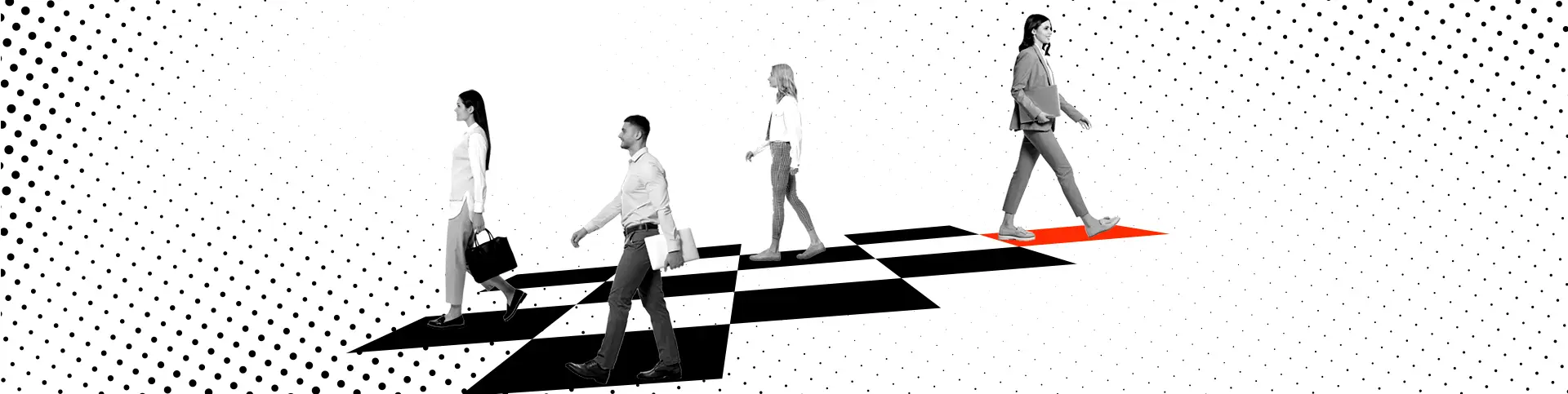 Four people walk in a line across a black-and-white checkered path against a dotted background, evoking the strategy of competitor wargaming. The path’s last squares are highlighted in red as the final person steps forward.