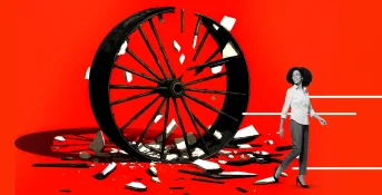 A woman walks confidently past a large, shattered black wagon wheel with pieces flying, set against a bold red background—symbolizing the dynamic energy of a MedTech product pre-launch.
