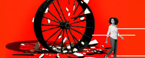 A woman walks confidently past a large, shattered black wagon wheel with pieces flying, set against a bold red background—symbolizing the dynamic energy of a MedTech product pre-launch.