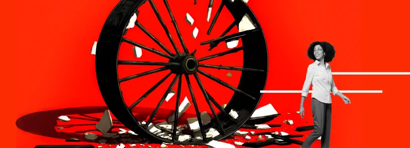 A woman walks confidently past a large, shattered black wagon wheel with pieces flying, set against a bold red background—symbolizing the dynamic energy of a MedTech product pre-launch.