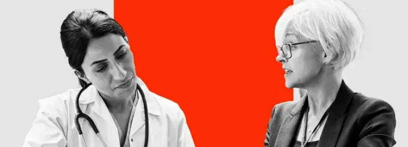 A female doctor listens attentively to a woman in business attire as they discuss documents, with a bold red square and the word PRO. in the background—perfect imagery for dynamic healthcare marketing or pharma marketing campaigns.