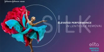 A ballerina in a flowing red and turquoise dress leaps gracefully against a blue background. Text reads: ELEVATED PERFORMANCE IN LENTICULE REMOVAL, SILK, and elita SMOOTH AS SILK—where medtech marketing meets artistry. Johnson & Johnson Vision logo appears above.