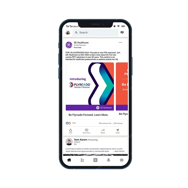 A smartphone displays a LinkedIn post from GE Healthcare about FLYRCADE, highlighting its recent cardiac PET radiotracer launch with a colorful graphic. The post features likes, comments, and a Learn More button.