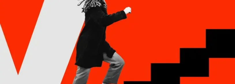 A woman in black clothing climbs abstract stairs against a bold red, white, and black geometric background, symbolizing sales optimization and ambition, with the word PRO. in the top right corner.