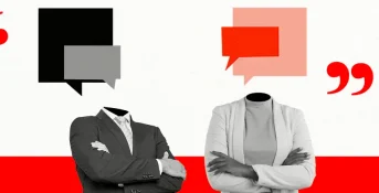 Two headless figures in business attire stand with arms crossed. Their heads are replaced by speech bubbles, symbolizing heart disease patient advocacy and healthcare self advocacy women, set against a vibrant red and white background.
