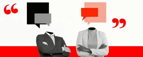 Two headless figures in business attire stand with arms crossed. Their heads are replaced by speech bubbles, symbolizing heart disease patient advocacy and healthcare self advocacy women, set against a vibrant red and white background.