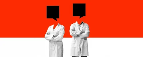 Two people in lab coats stand side by side with their arms crossed, their heads replaced by black speech bubbles—symbolizing the vital role of pharma marketing. The background is split horizontally: red on top and white on the bottom.