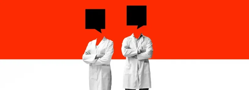 Two people in lab coats stand side by side with their arms crossed, their heads replaced by black speech bubbles—symbolizing the vital role of pharma marketing. The background is split horizontally: red on top and white on the bottom.