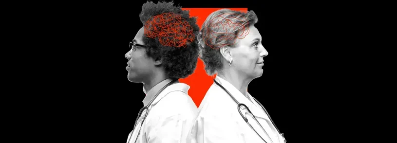 Two doctors stand back-to-back in black and white; one’s brain area is tangled with red, the other’s is clear. Ideal for medtech marketing or healthcare marketing visuals, an orange shape glows behind them on a stark black background.