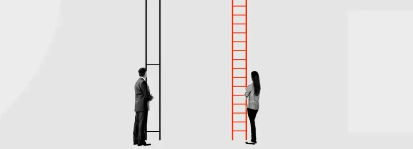 A man in a suit stands at the base of a ladder with closely spaced rungs, while a woman stands at one with widely spaced rungs, highlighting differences in accessibility or opportunity often seen in healthcare marketing.
