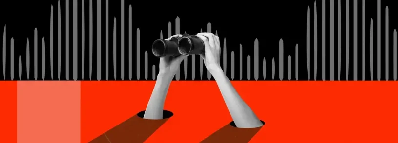 Two hands emerge from holes in a red surface, holding binoculars. In the background, vertical bars of varying heights form a grayscale pattern—a striking visual for themes like market shaping or sales optimization in healthcare marketing.