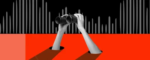 Two hands emerge from holes in a red surface, holding binoculars. In the background, vertical bars of varying heights form a grayscale pattern—a striking visual for themes like market shaping or sales optimization in healthcare marketing.
