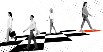 Four people walk in a line across a black-and-white checkered path against a dotted background, evoking the strategy of competitor wargaming. The path’s last squares are highlighted in red as the final person steps forward.