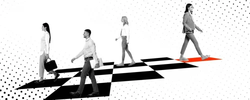 Four people walk in a line across a black-and-white checkered path against a dotted background, evoking the strategy of competitor wargaming. The path’s last squares are highlighted in red as the final person steps forward.