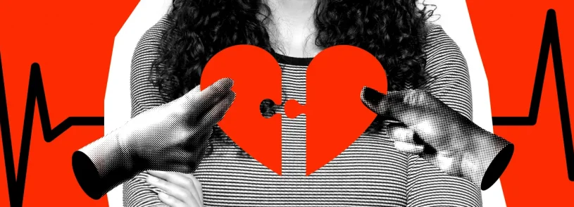 A person holding a red broken heart puzzle piece, with two hands reaching toward it, set against a red background with black heartbeat lines—symbolizing the impact of cardiovascular disease in women.