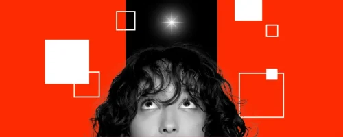 A person with curly hair looks upward toward a glowing star, symbolizing how you can define a future your MedTech company can own—set against a vibrant red background with white geometric shapes.